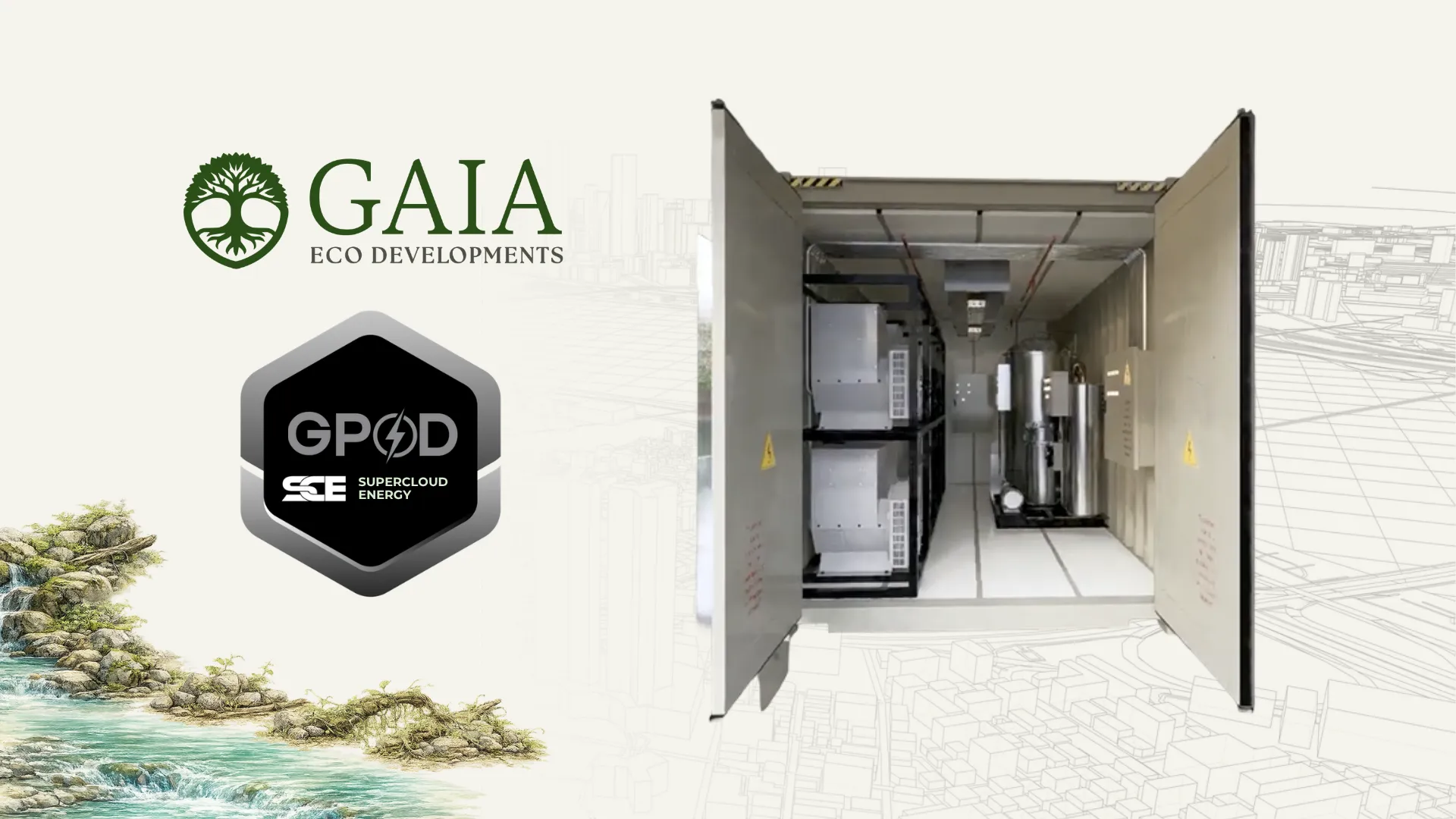 Gaia Eco Developments and SuperCloud Energy partnership announcement featuring the GPOD energy system