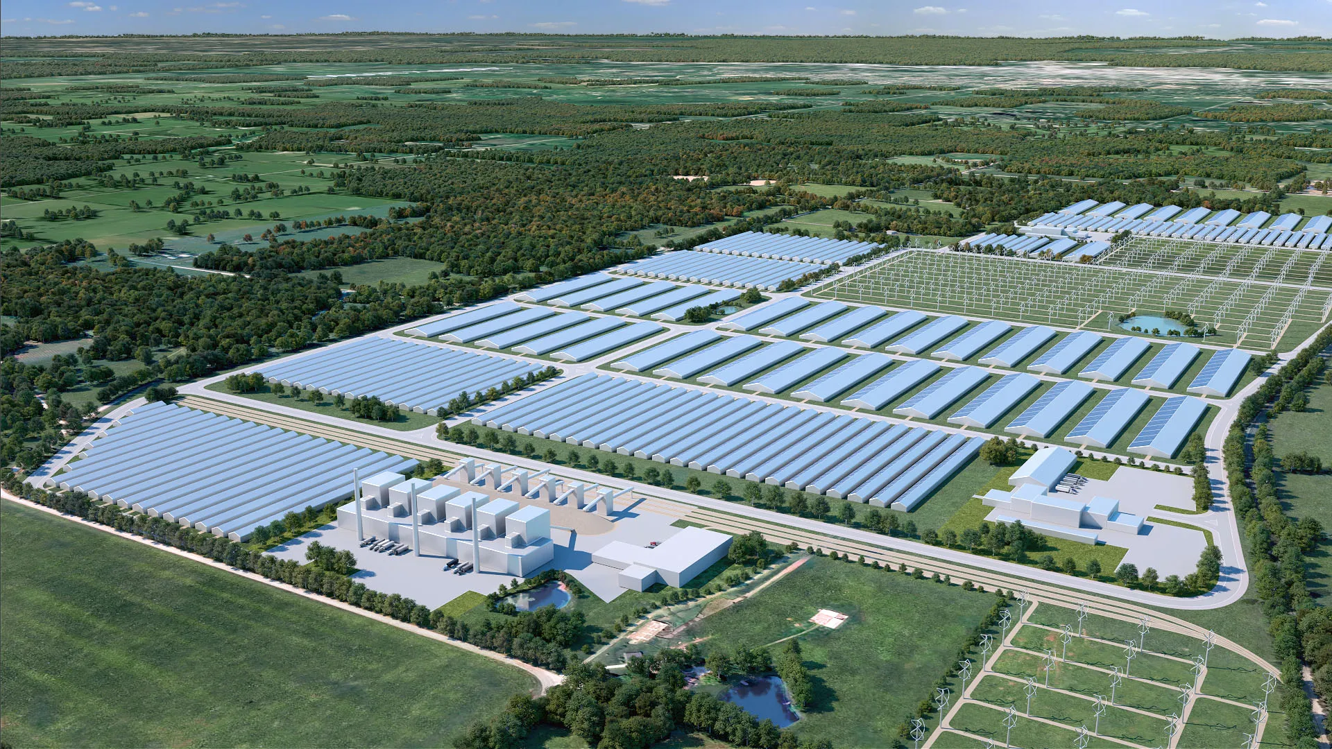 Wide aerial rendering of a Gaia campus and surrounding landscape