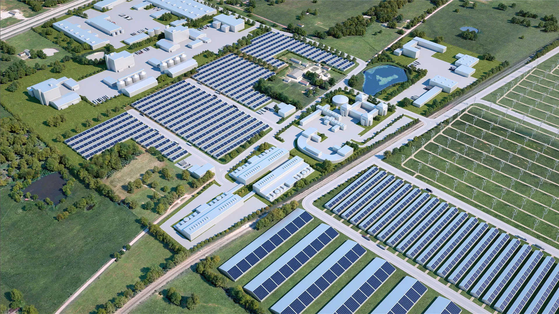 Aerial rendering showing connected industrial facilities, solar rooftops, and water features at a Gaia campus