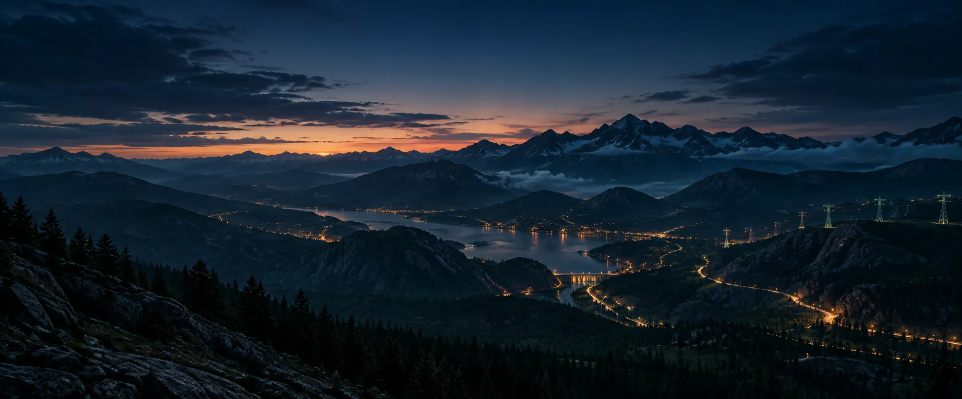 Mountain valley at dusk with illuminated energy infrastructure and transmission towers
