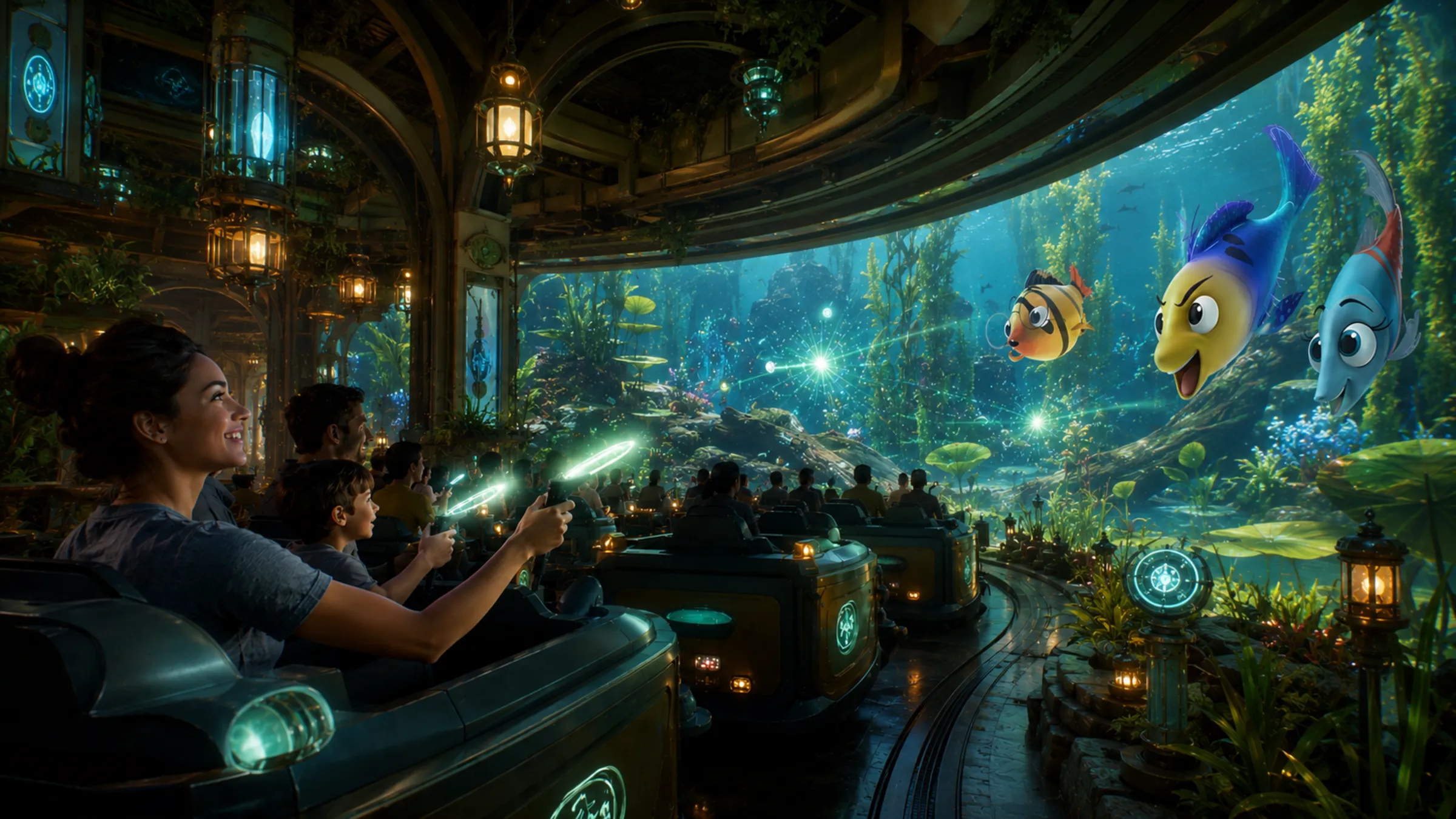 Concept of an interactive Weird Waters ride with families and animated underwater characters